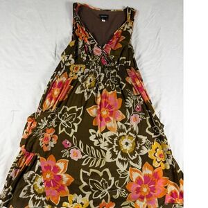 Spense Floral Cotton Tiered Midi Dress Brown Pink Smocked V-Neck Size 8 Boho